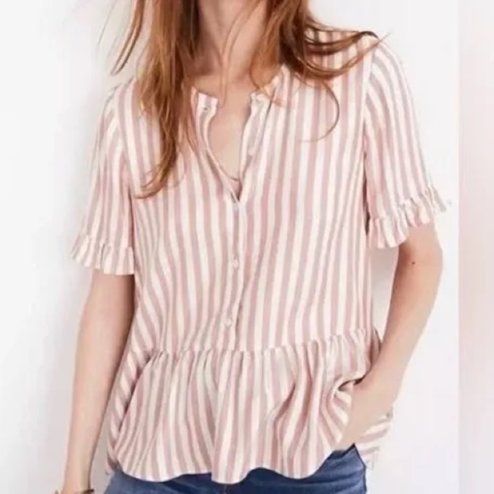 Madewell Striped Short Sleeve Relaxed Ruffle Hem Button Down Top Size XS